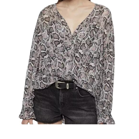 Allsaints Sheer Silk Blouse Penny Mirsa Snakeskin Faux Wrap Size S Designer Edgy - Picture 1 of 8